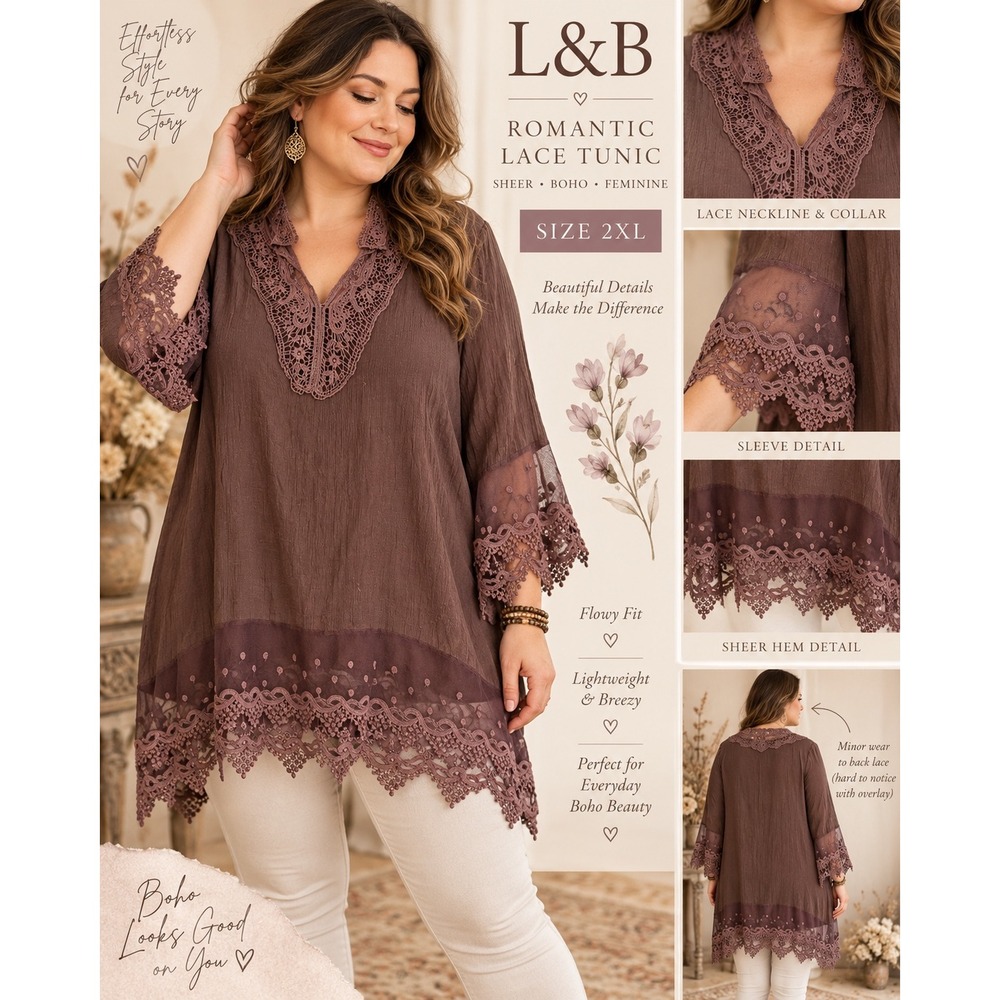 L&B 2XL Brown Lace Tunic Top Romantic Boho Sheer Hem Lagenlook Plus Size